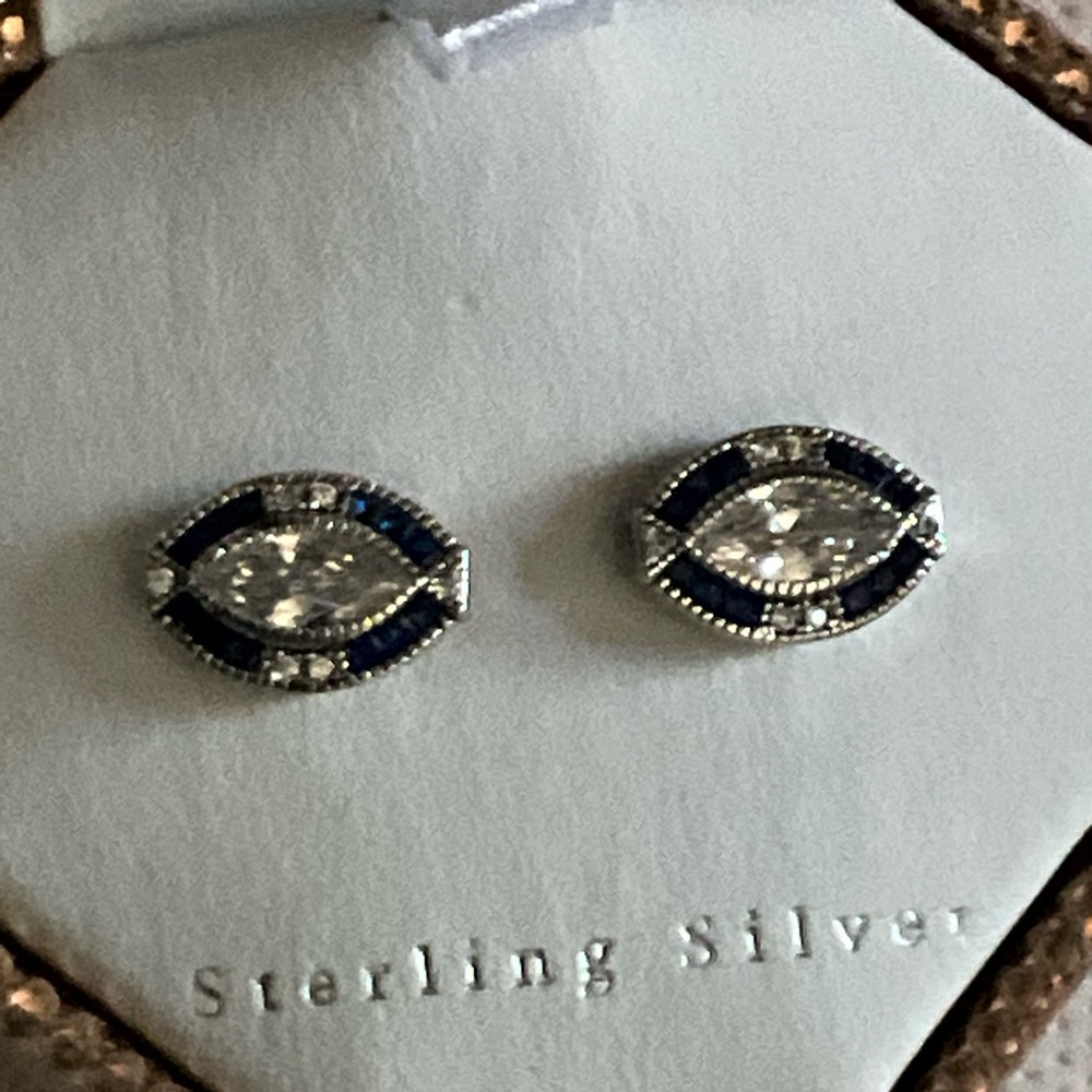 New Contessa Di Capri sterling silver deco stud earrings w/blue & clear stones
